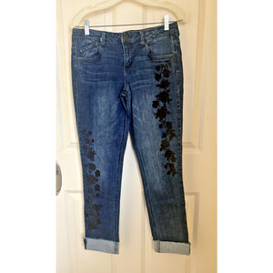 Mac And Me Womens Jeans Embroidered Skinny Blue Denim Floral Roses Raw Hem Mid 4